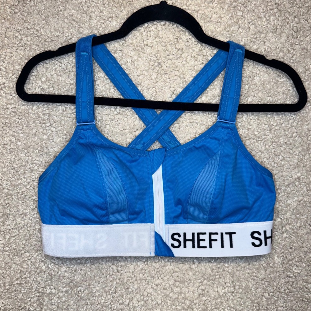 SHEFIT Ultimate Sports Bra Medium Blue High Impact Front Zip Adjustable Straps